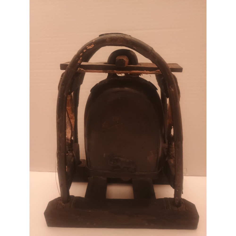 Antique Bronze This Hill Tribe Elephant Bell In Bamboo & Deerskin Frame